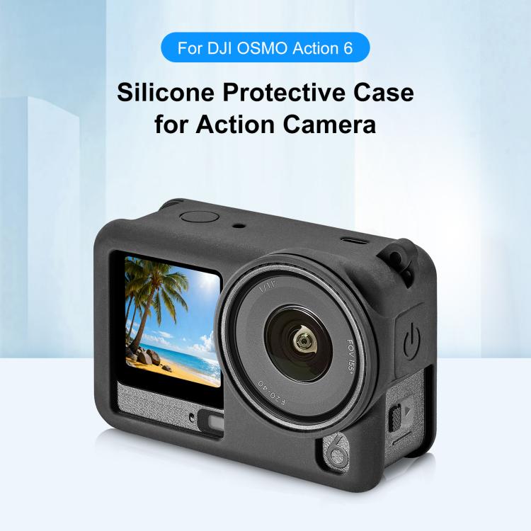 For DJI Osmo Action 6 PULUZ Silicone Protective Cover with Wrist Strap & Lens Cap (Black)