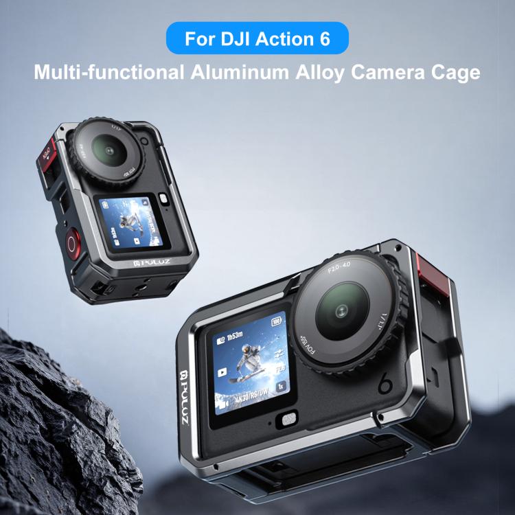 For DJI Osmo Action 6 PULUZ Metal Dual-Opening Camera Cage Expandable Frame with Silicone Lens Cap (Titanium)