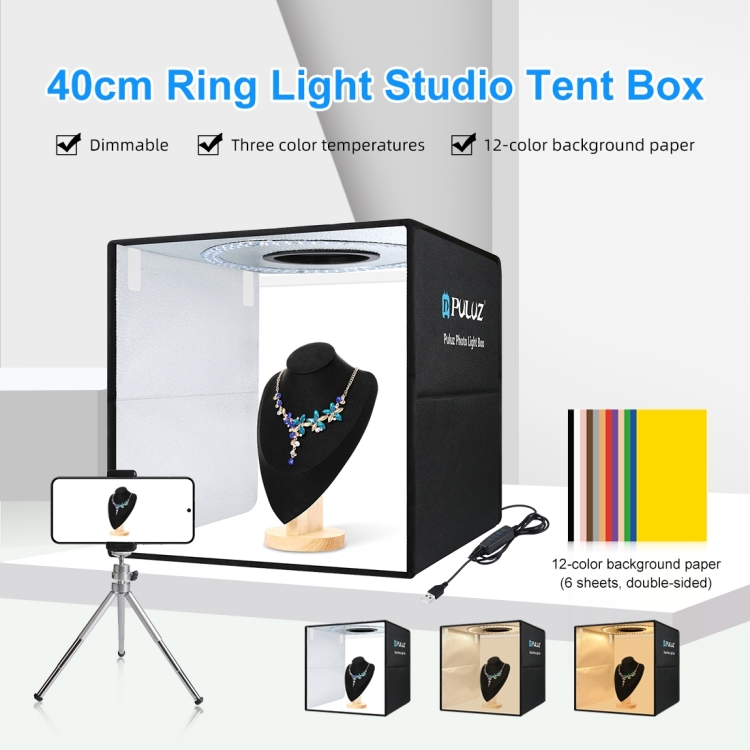 PULUZ 40cm Folding Portable Ring Light USB Photo Lighting Studio Shooting Tent Box with 6 x Dual-side Color Backdrops, Size: 40cm x 40cm x 40cm (Black)
