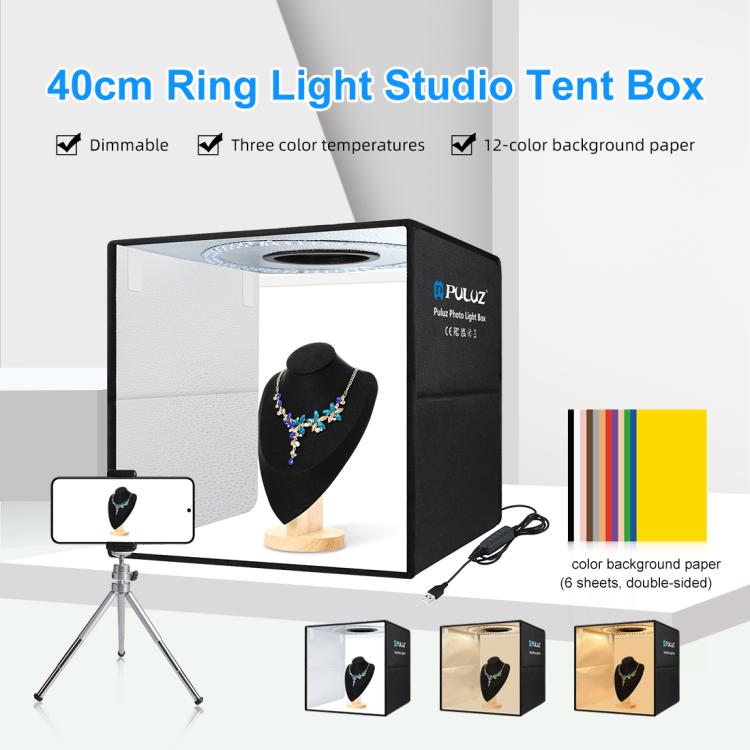 PULUZ 40cm Folding Portable Ring Light USB Photo Lighting Studio Shooting Tent Box with 6 x Dual-side Color Backdrops, Size: 40cm x 40cm x 40cm(Black)