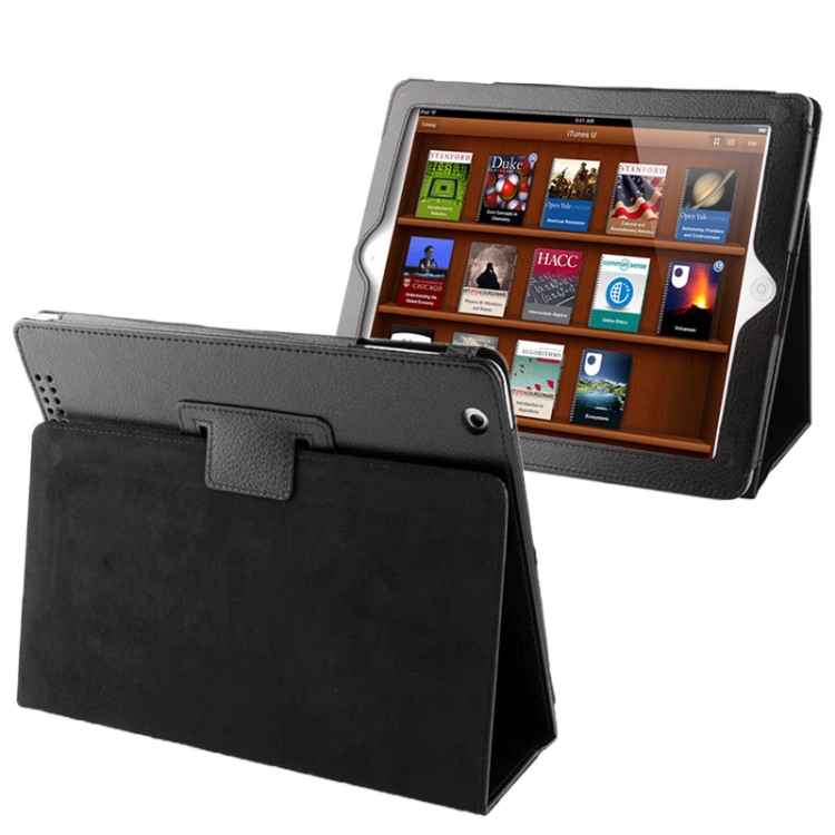 High Quality Litchi Texture Folding Leather with Sleep / Wake-up & Holder Function for iPad 2 / iPad 3 / iPad 4 (Black)