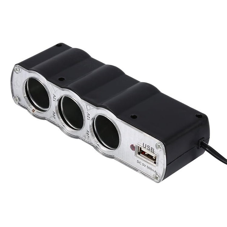 WF-0120 12V / 24V 3 Way Triple Sockets USB Car Cigarette Lighter Socket Splitter Charger(Black)
