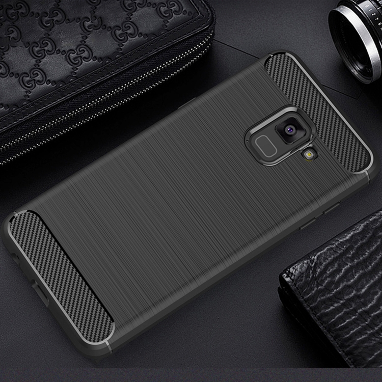 For Galaxy A8 (2018) Brushed Texture Carbon Fiber Shockproof TPU Protective Back Case (Black)