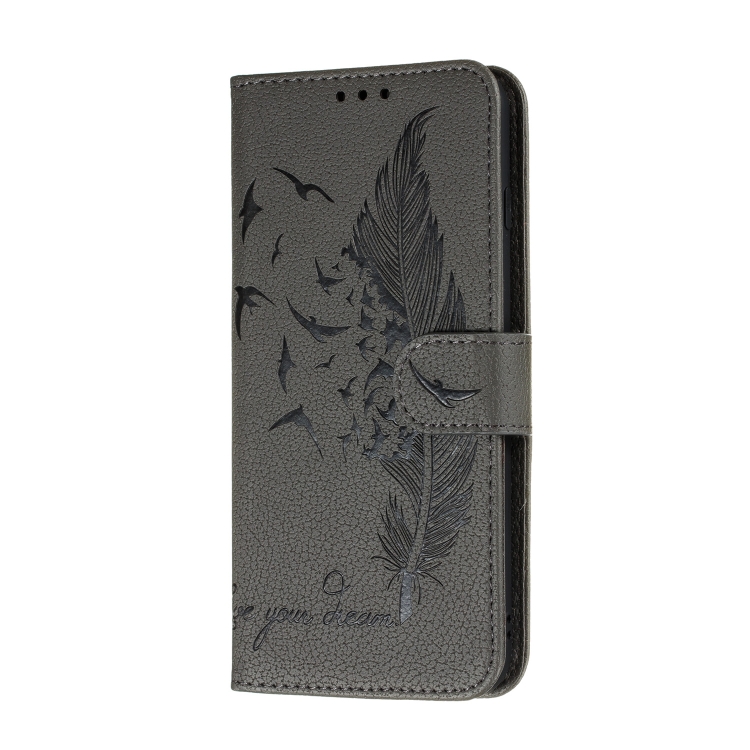 For Galaxy S20+ Litchi Texture Feather Embossing Horizontal Flip PU Leather Case with Holder & Card Slots & Wallet & Photo Frame & Lanyard(Grey)