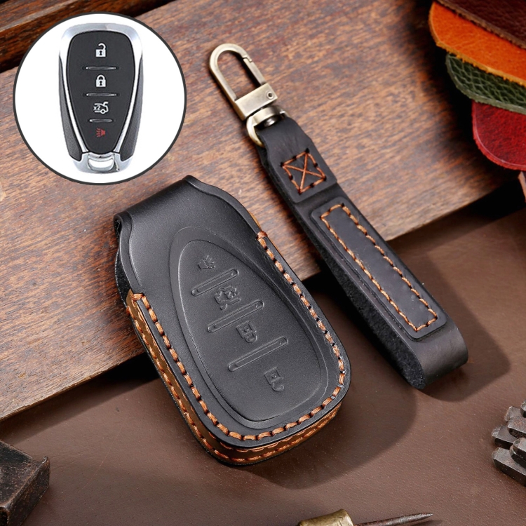 Für Chevrolet 4-Tasten Hallmo Auto Rindsleder Schlüssel Schutzhülle  Schlüsseletui (Schwarz)