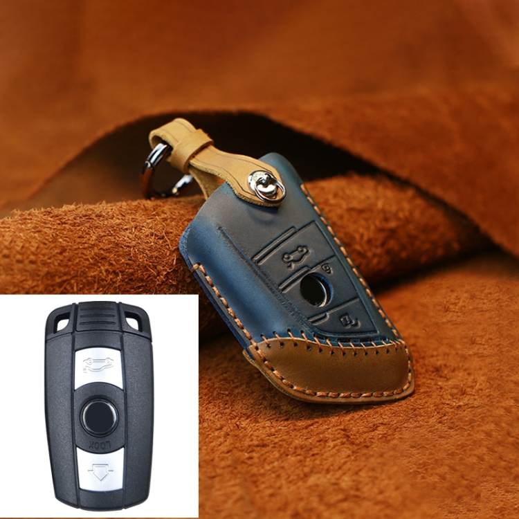 Housse de protection pour clé de protection en cuir de vachette de voiture  Volvo (bleu)