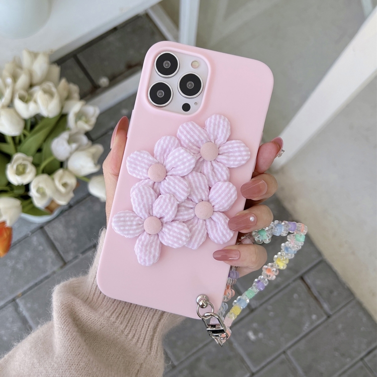 Funda para teléfono de la correa de la mano de cuatro flores para iPhone 13  (rosa claro)