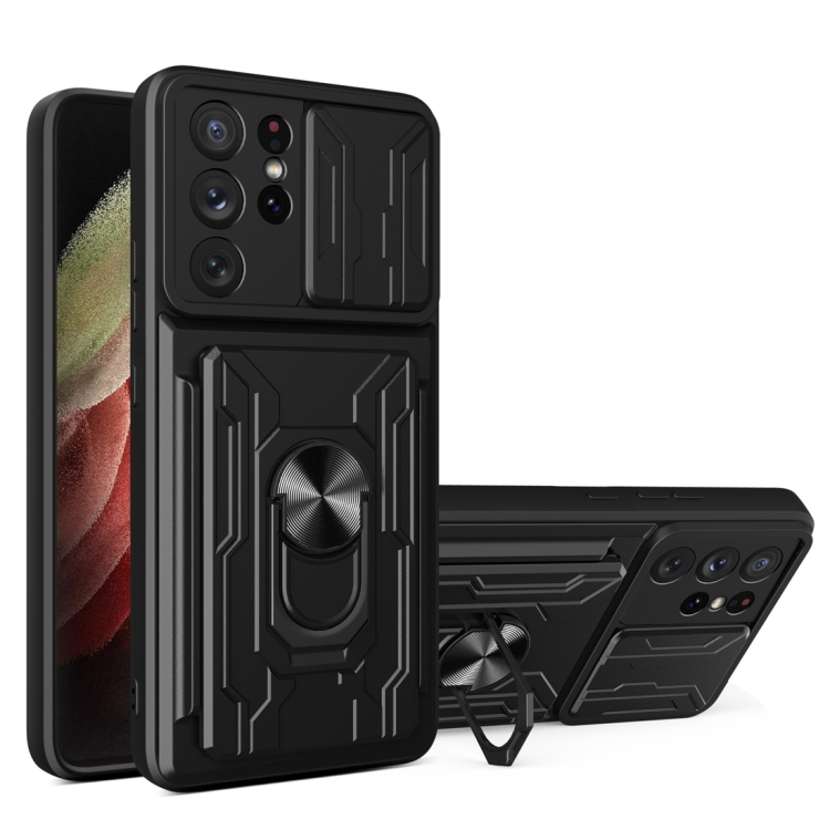 For Samsung Galaxy S21 Ultra 5G Camera Cover Phone Case with Card Slot &  Holder(Black)