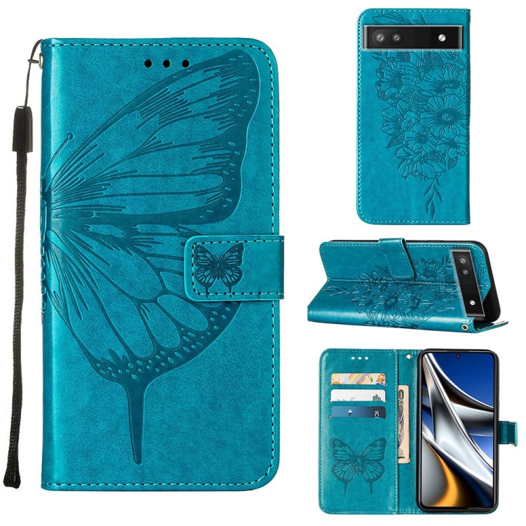 For Google Pixel 6a 5G Embossed Butterfly Leather Phone Case Blue