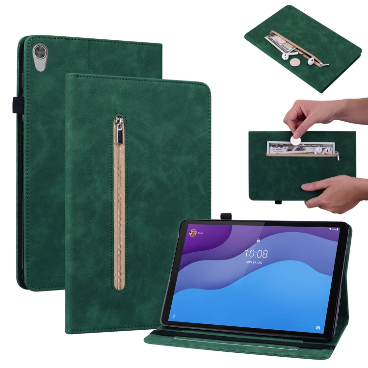 For Lenovo Tab M10 HD 2nd Gen TB-X306X Skin Feel Solid Color Zipper Leather  Tablet Case(Green)