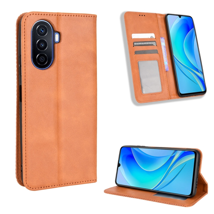 Teken Productief Gematigd For Huawei nova Y70 / nova Y70 Plus Magnetic Buckle Retro Texture Leather  Phone Case(Brown)