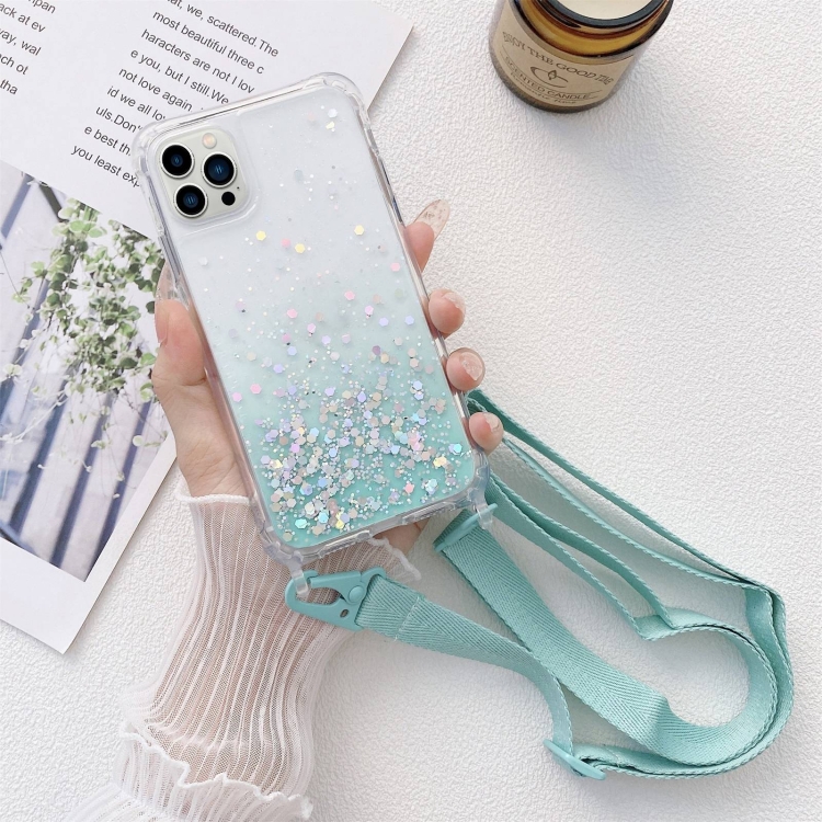 For iPhone 14 Pro Lanyard Gradient Glitter Epoxy Case(Glacier Blue)