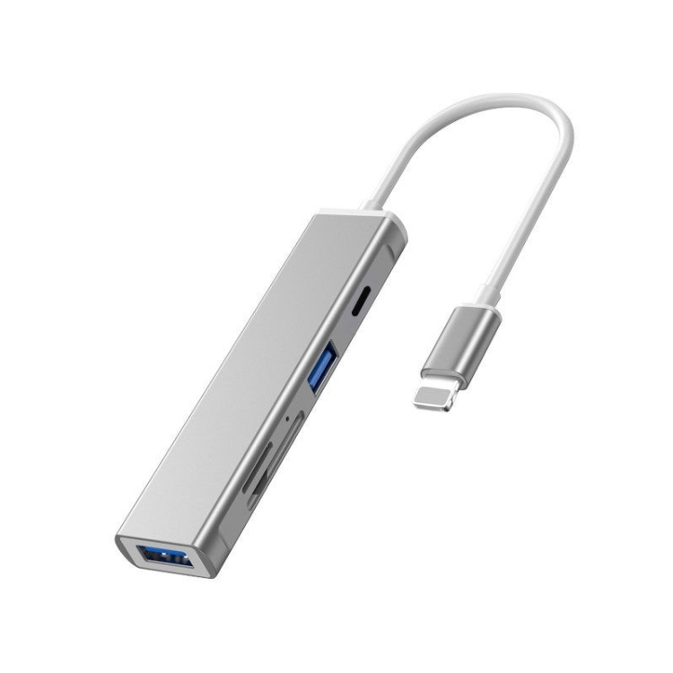 5合一 8 Pin转SD / TF卡槽 + 3个 USB接口 多功能扩展坞集线器(银色)