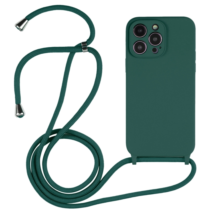 For iPhone 14 Pro Max Crossbody Lanyard Liquid Silicone Case(Pine Needle  Green)