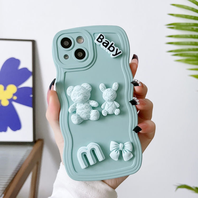 For iPhone 13 Pro Wave Edge 3D M Bear Bunny Silicone Phone Case(Blue)