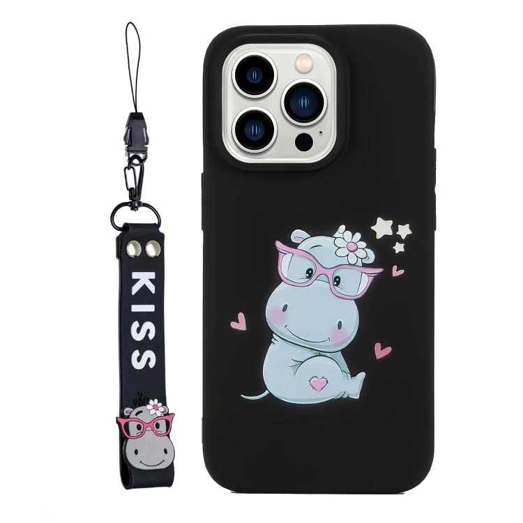 For iPhone 14 Pro Silicone Painted Phone Case with Lanyard Hippo