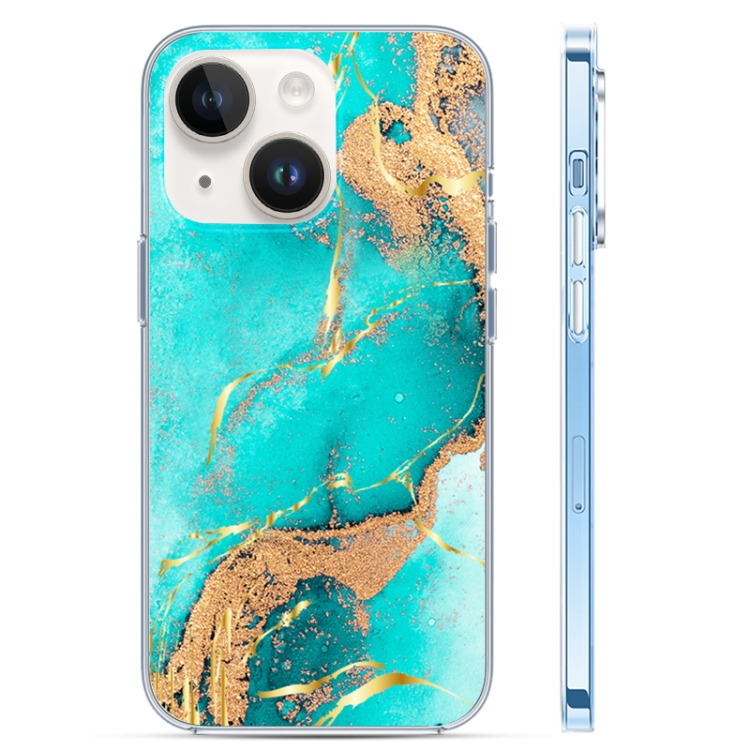 For iPhone 14 Coloured Glaze Marble Phone Case Green Gilt