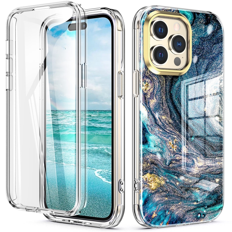 For iPhone 14 Pro 360 Full Body Painted Clear Phone Case(Marble L09)