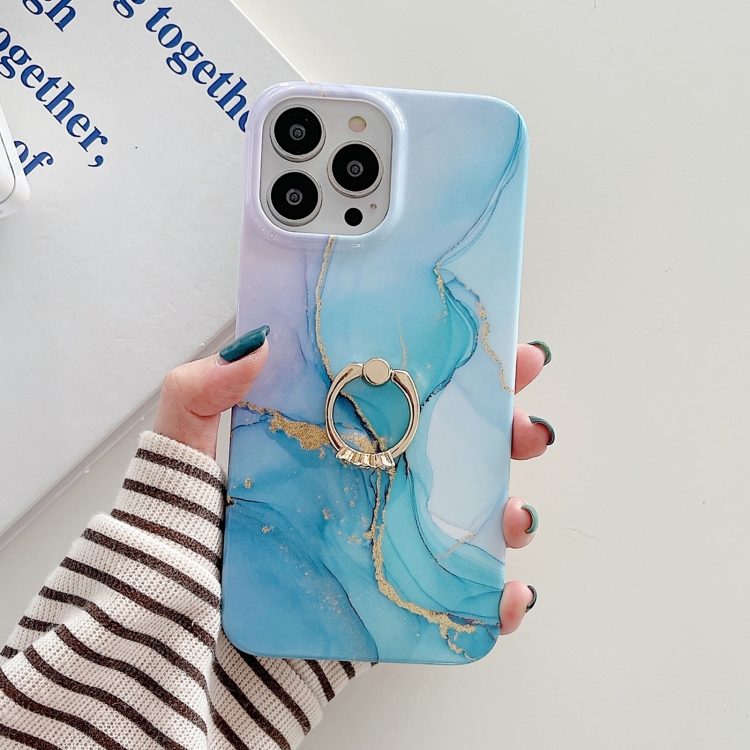 For iPhone 14 Ring Holder Glitter Powder Marble Phone Case Gilt Blue