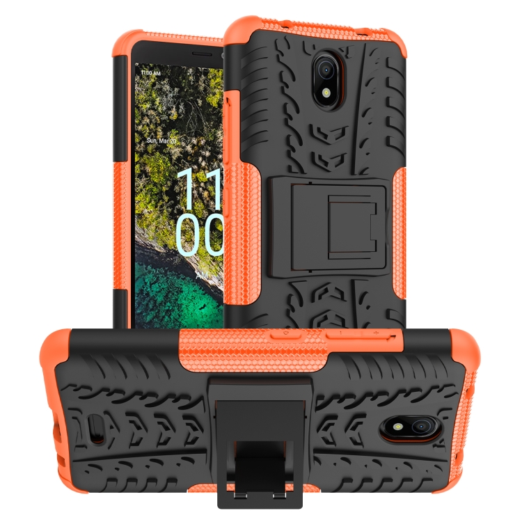 For Nokia C100 Tire Texture TPU PC Phone Case with Holder Orange