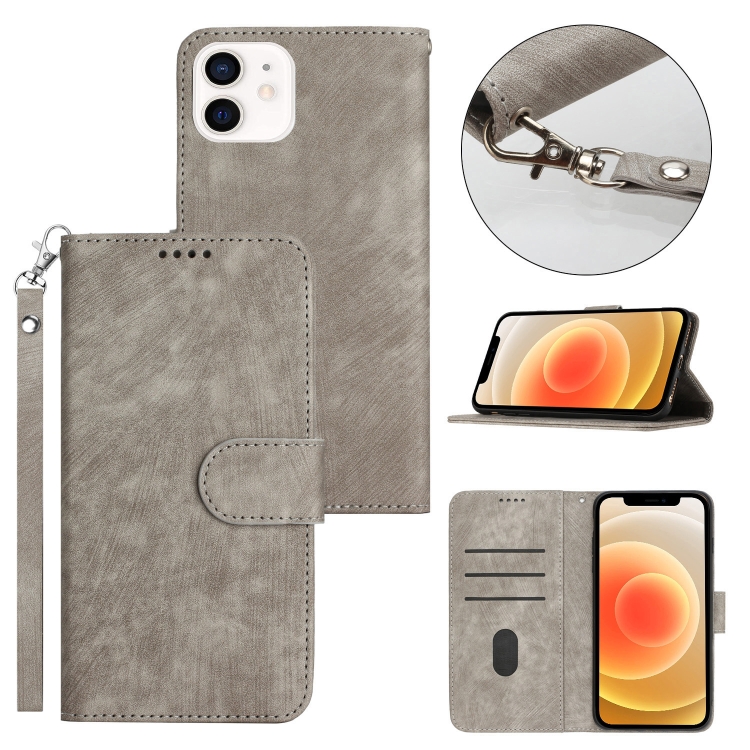 For iPhone 12 mini Dual Fold Stripe Texture Buckle Leather Phone