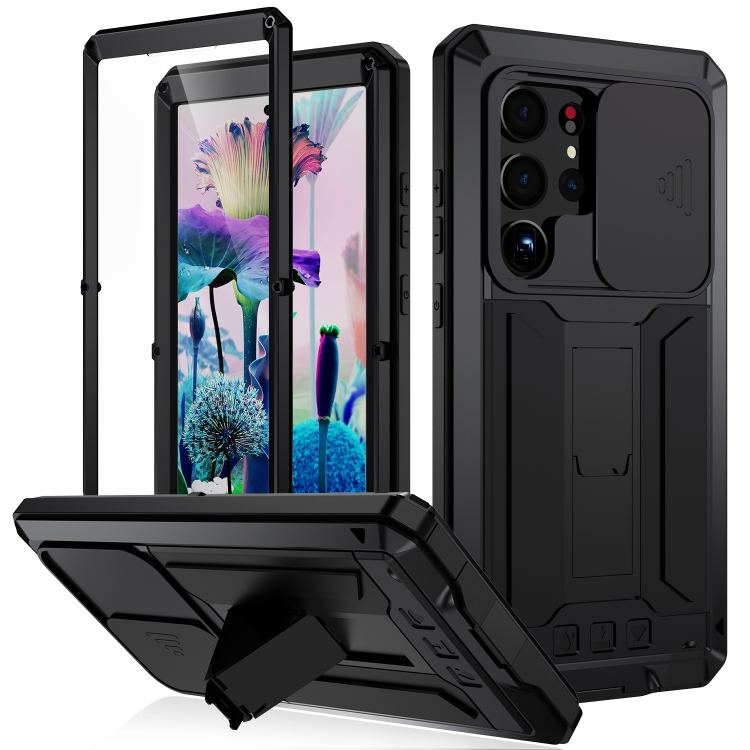 R-just Pour Samsung Galaxy S24 Ultra Case pc + Silicone + Métal Couverture  Arrière Avec Film en Verre Trempé - Noir