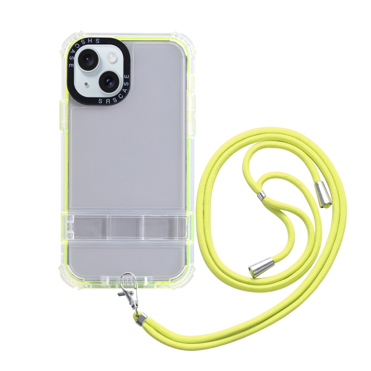 Para iPhone 15 2 en 1 360 Funda para teléfono con cuerda cruzada y soporte  invisible (amarillo)