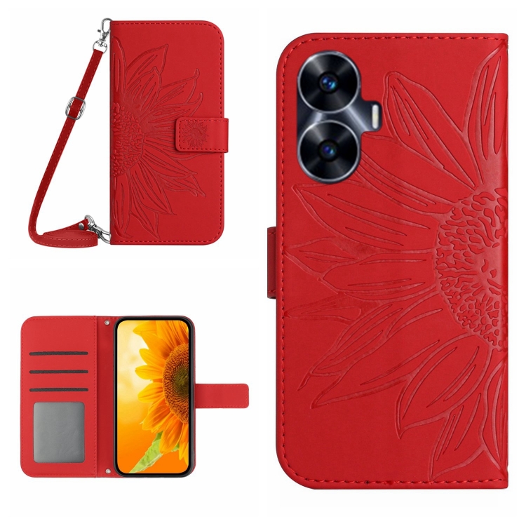 Para Realme C55 Skin Feel Sun Flower Funda de cuero con tapa en relieve con  cordón (