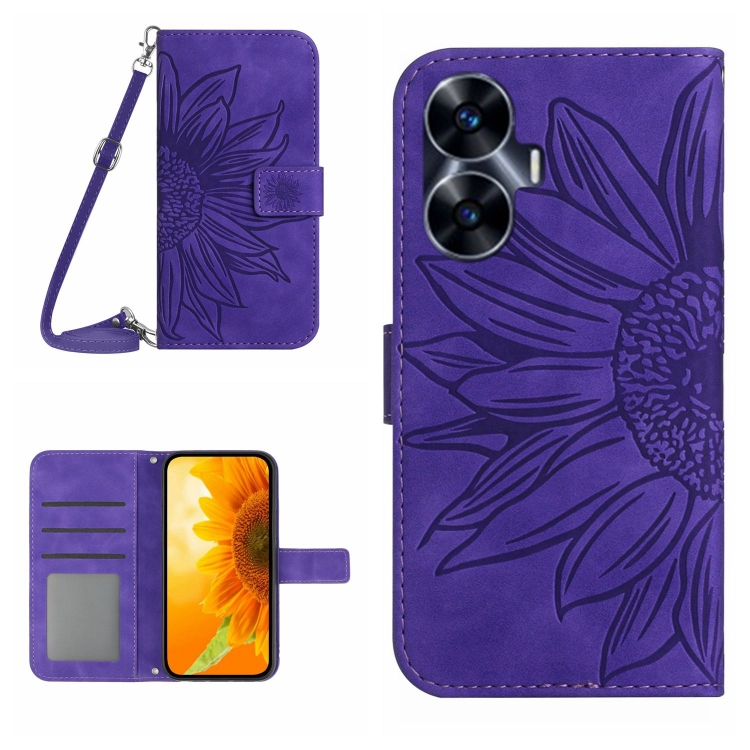 Para Realme C55 Skin Feel Sun Flower Funda de cuero con tapa en relieve con  cordón (