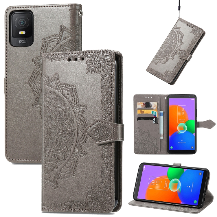 For TCL 403 Mandala Flower Embossed Leather Phone Case(Grey)