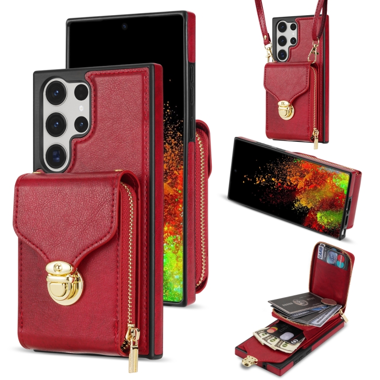 Für Samsung Galaxy S22 Ultra 5G Zipper Hardware Card Wallet Phone Case (Rot)