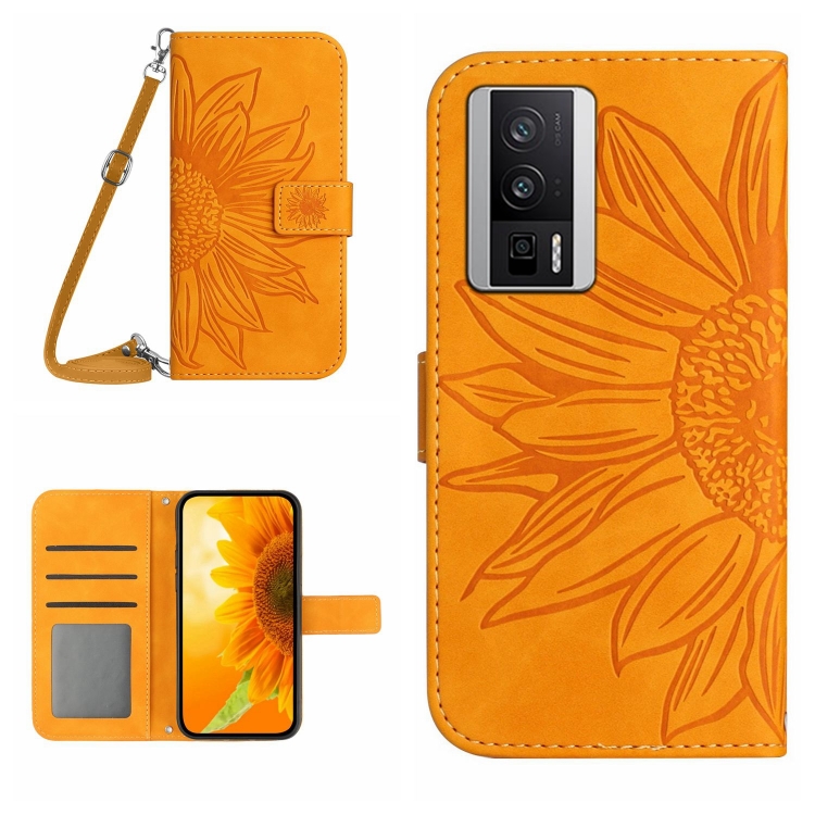 For Xiaomi Poco F5 Pro Skin Feel Sun Flower Embossed Flip Leather Phone  Case with Lanyard(