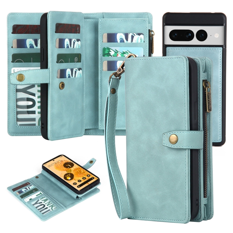 Xiaomi POCO F5 Luxury Leather Zipper Wallet Case with Wrist Strap and 7  Card Slots Blue