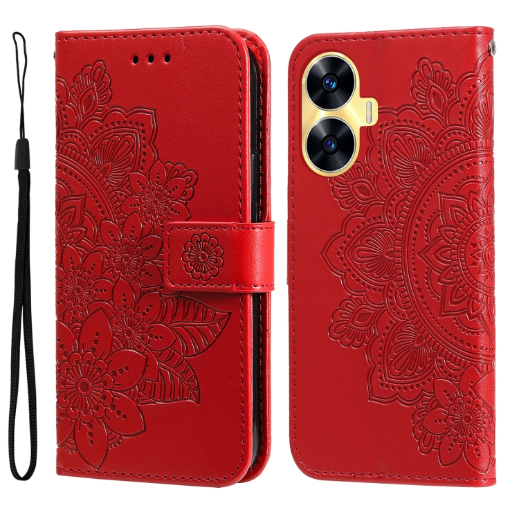 Para Realme C55 Estuche para teléfono de cuero con estampado de flores de 7  pétalos (rojo)