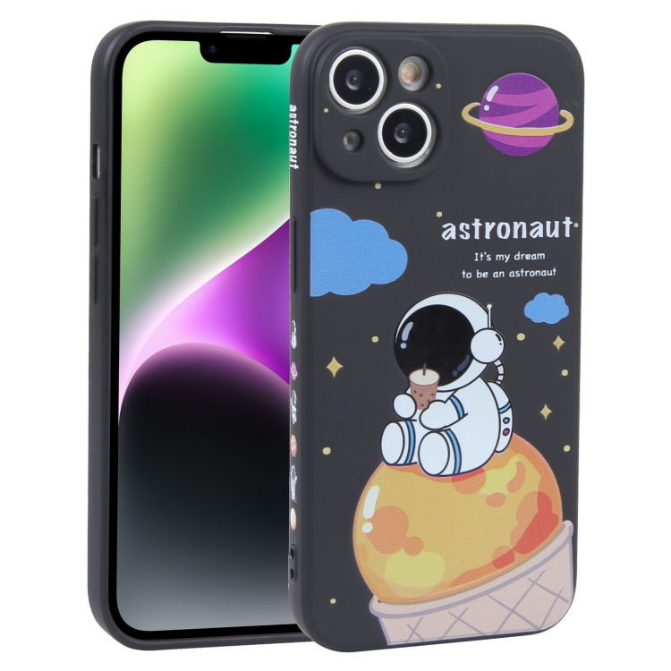 For iPhone 14 Milk Tea Astronaut Pattern Liquid Silicone Phone