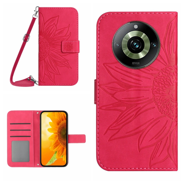 Para Realme C55 Skin Feel Sun Flower Funda de cuero con tapa en relieve con  cordón (