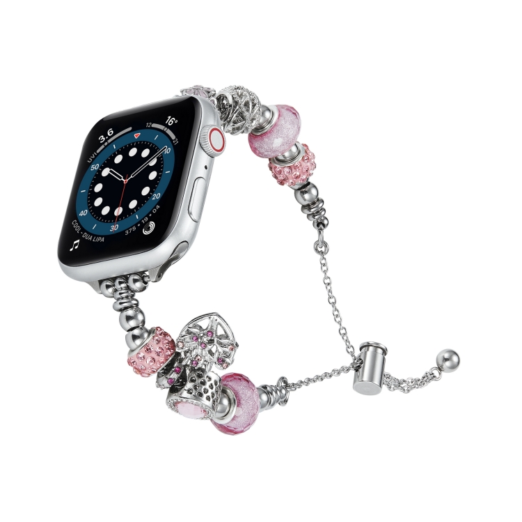 Bead Bracelet Metal Watch Band For Apple Watch Ultra 49mm(Pink Heart)