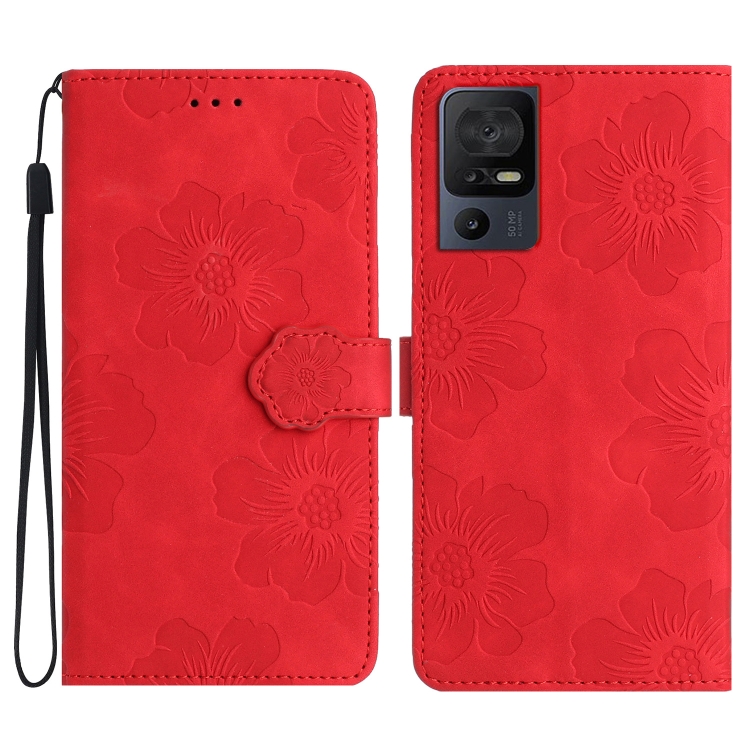 Para TCL 40 SE Funda de teléfono de cuero con estampado de flores en  relieve (Rojo)