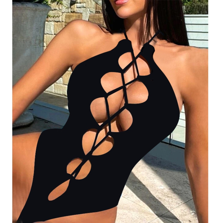 Hollow Strap Ties Sexy Tight One Piece Bikini Swimsuit, Size:S(Black)