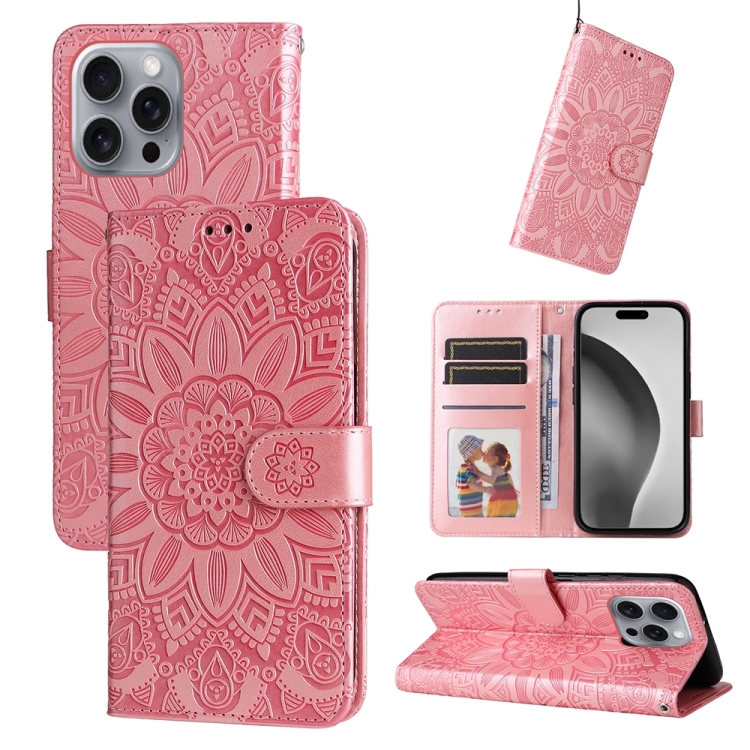 For iPhone 16 Pro Max Embossed Sunflower Leather Phone Case(Pink)