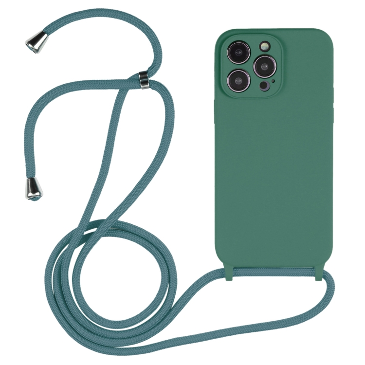 Custodia in silicone liquido per cordino a tracolla per iPhone 15 Pro  (verde smeraldo)