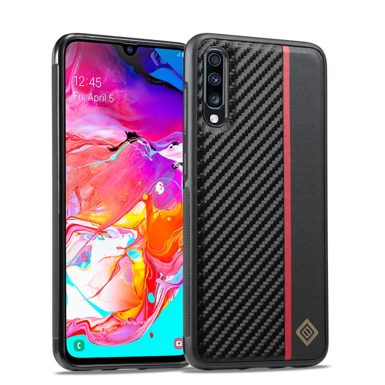 Pour Samsung Galaxy A70 LC.IMEEKE Coque de telephone texturee en fibre de carbone noire