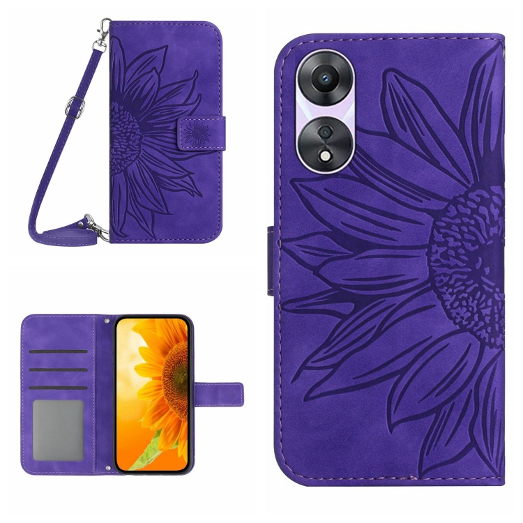 For OPPO A78 4G Skin Feel Sun Flower Embossed Flip Leather Phone Case with  Lanyard(Dark Purple)