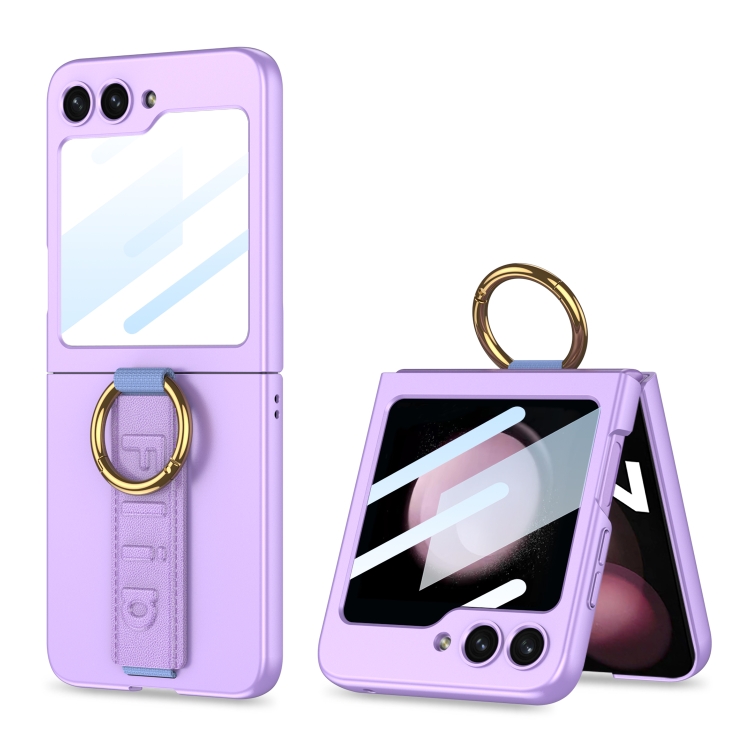 For Samsung Galaxy Z Flip5 GKK Ultra-thin PC Full Coverage Ring Holder  Phone Case with Strap(Purple)