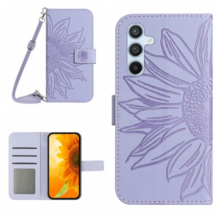 For Samsung Galaxy M34 5G Skin Feel Sun Flower Embossed Flip Leather Phone  Case with Lanyard(