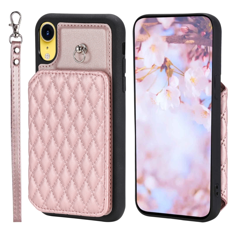 For iPhone XR Grid Texture Card Bag Phone Case with Lanyard Rose Gold