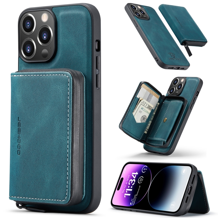 For iPhone 15 Pro Max JEEHOOD Magnetic Zipper Wallet Leather Phone