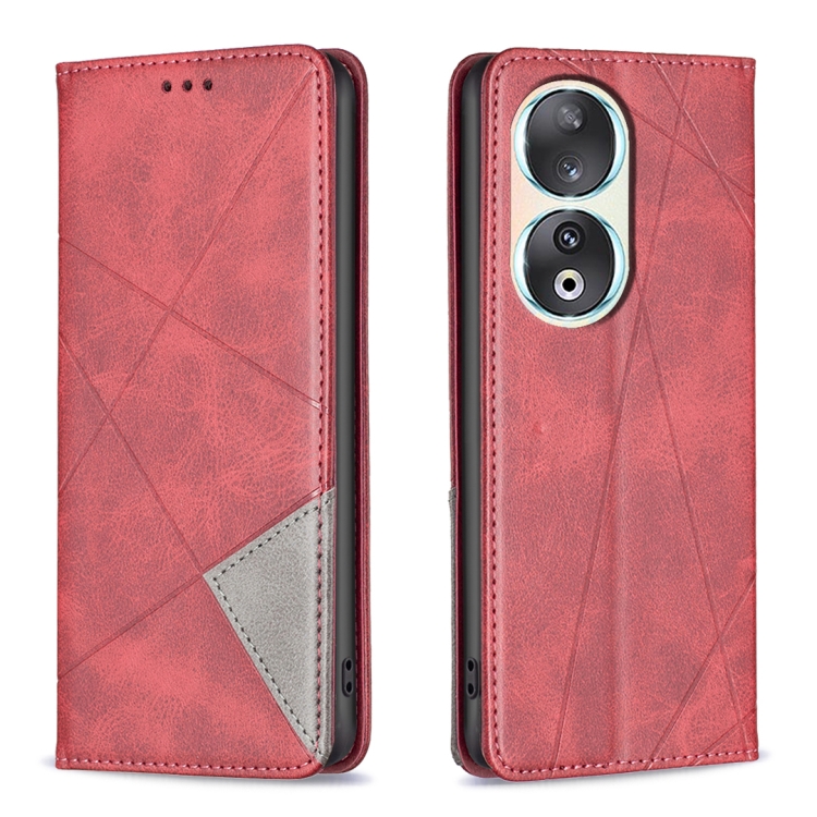 Para Honor 90 5G Funda para teléfono de cuero magnético con textura rombo  (rojo)