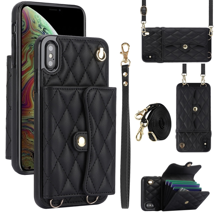 For iPhone XS X Crossbody Rhombic Horizontal Wallet Leather Phone Case Black