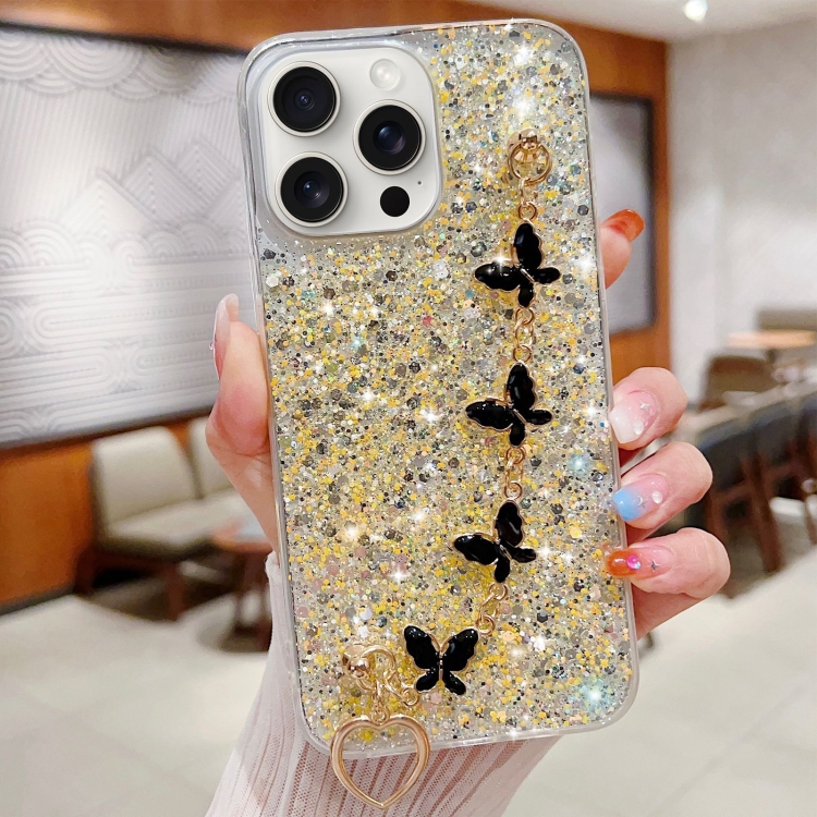 For iPhone 15 Pro Max Starry Sequin Butterfly Chain Epoxy TPU